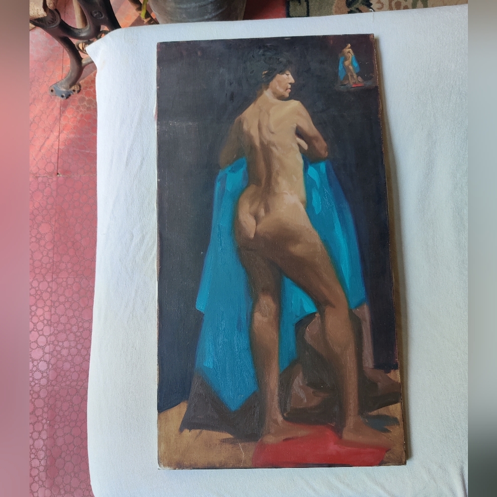 VTG Nude Woman Model Oil Painting Study 30.25" x 16" Canvas Unsigned Thumbnail